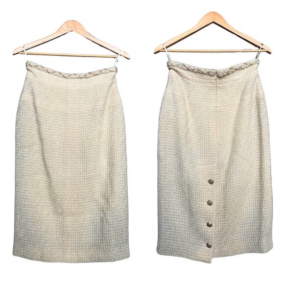 CHANEL 07A Skirt FR 40 | Cream Wool Tweed, Gold Chain Waist, Silk Lined, NWT - Picture 3 of 16